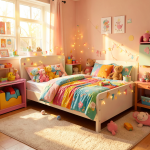 Une chambre d'enfant avec un lit IKEA KURA transformé en espace ludique
