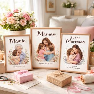 Plusieurs affiches personnalisées encadrées sur une étagère en bois, avec les mots mamie et maman en typographie élégante, idée cadeau déco