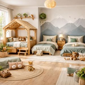 Chambre enfant aménagée avec un lit cabane en bois et une décoration nature chaleureuse