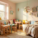 Chambre d'enfant cosy et lumineuse avec mobilier en bois clair, linge de lit pastel et rangements colorés.