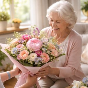 Joli bouquet de fleurs colorées posé sur une table en bois, cadeau tendre pour une grand-mère