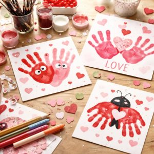 Maman et enfant en bas âge créant des empreintes de mains colorées pour un bricolage Saint-Valentin sur du papier rose