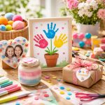 Maman et enfant fabriquant ensemble un cadeau DIY pour la fête des mères avec peinture et papier coloré sur une table en bois