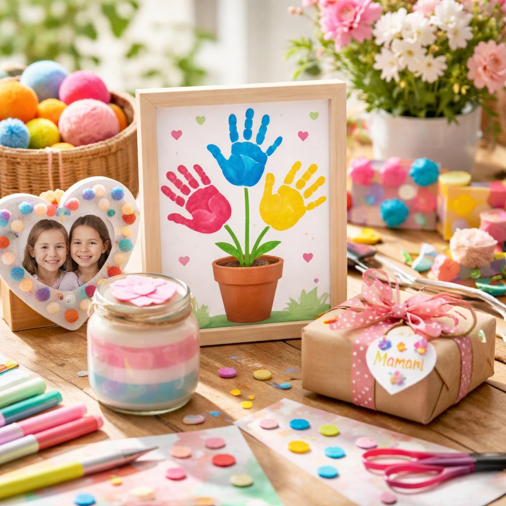 Maman et enfant fabriquant ensemble un cadeau DIY pour la fête des mères avec peinture et papier coloré sur une table en bois