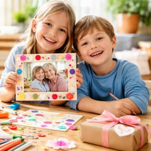 Cadre en bois décoré de petites mains colorées, coquillages et peinture, créé par des enfants comme cadeau DIY déco pour maman.