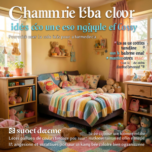 Chambre bébé colorée avec baldaquin blanc, tapis rond et mur vert sauge pastel, décoration enfant cosy