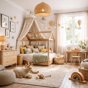 Chambre d'enfant colorée et bien rangée avec un lit cabane en bois et des coussins pastel, idée déco inspirante