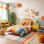 Chambre d'enfant colorée avec mur ocre, linge de lit vert et jouets en bois naturel