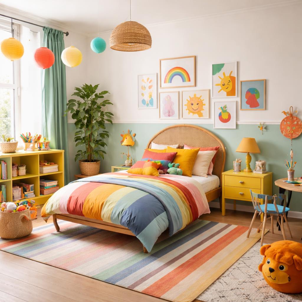Chambre d'enfant colorée avec mur ocre, linge de lit vert et jouets en bois naturel