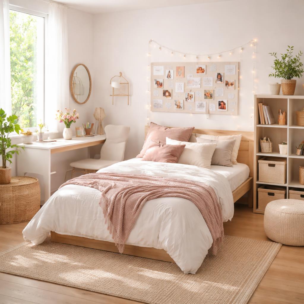 Chambre de fille moderne avec déco douce en tons beige et rose poudré, lit cosy et éclairage chaleureux