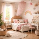 Chambre de petite fille décorée avec des tons doux, un lit cosy et des étagères murales colorées