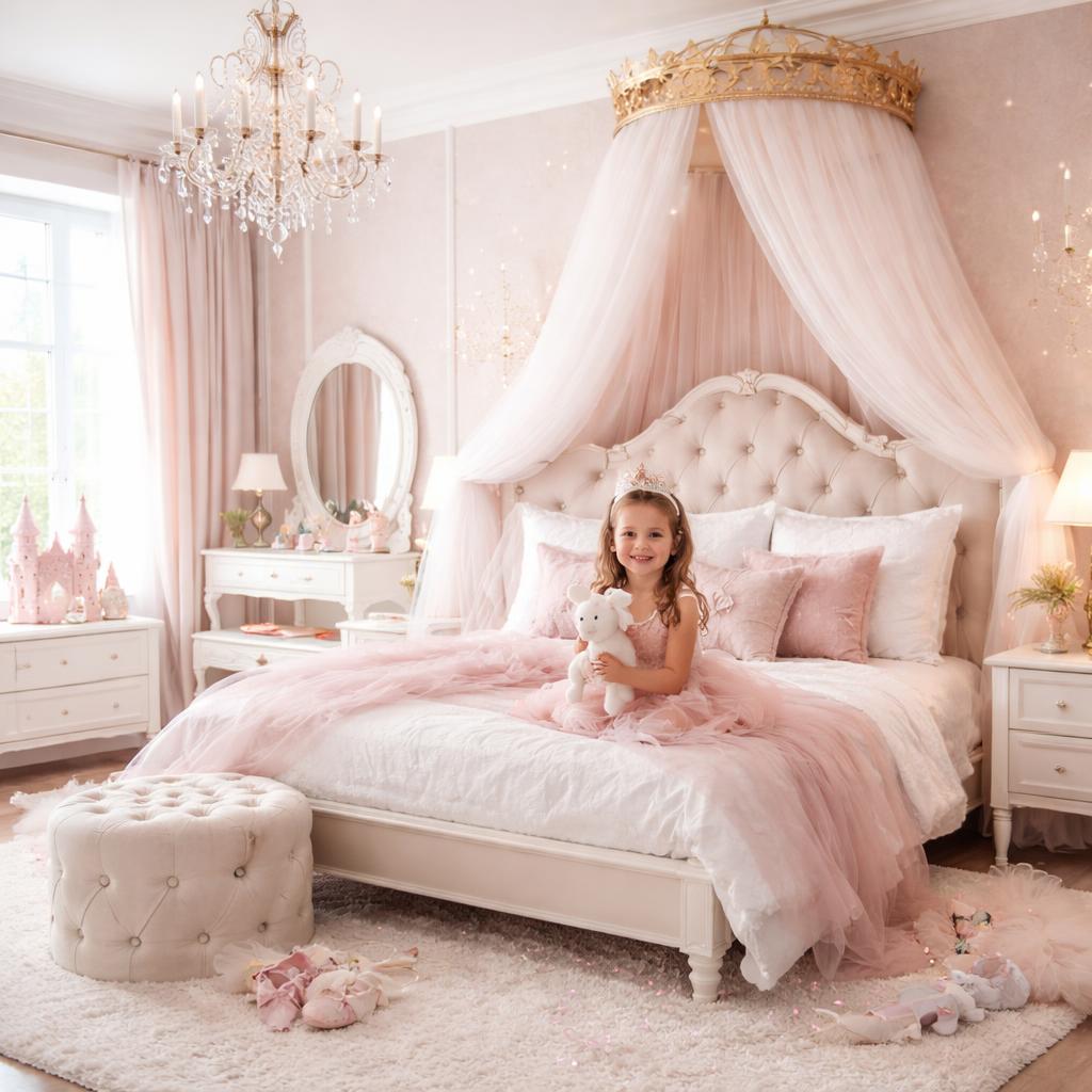 Chambre de petite fille décorée avec un baldaquin blanc, des guirlandes lumineuses dorées et un lit rose poudré façon princesse