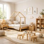Chambre enfant style scandinave avec lit en bois clair, linge de lit beige et guirlande lumineuse douce
