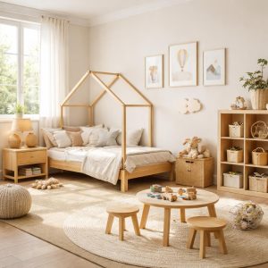 Chambre enfant style scandinave avec lit en bois clair, linge de lit beige et guirlande lumineuse douce