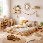 Chambre Montessori enfant avec lit au sol, étagères basses et déco douce en tons naturels