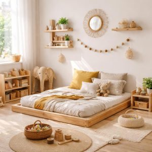 Chambre Montessori enfant avec lit au sol, étagères basses et déco douce en tons naturels