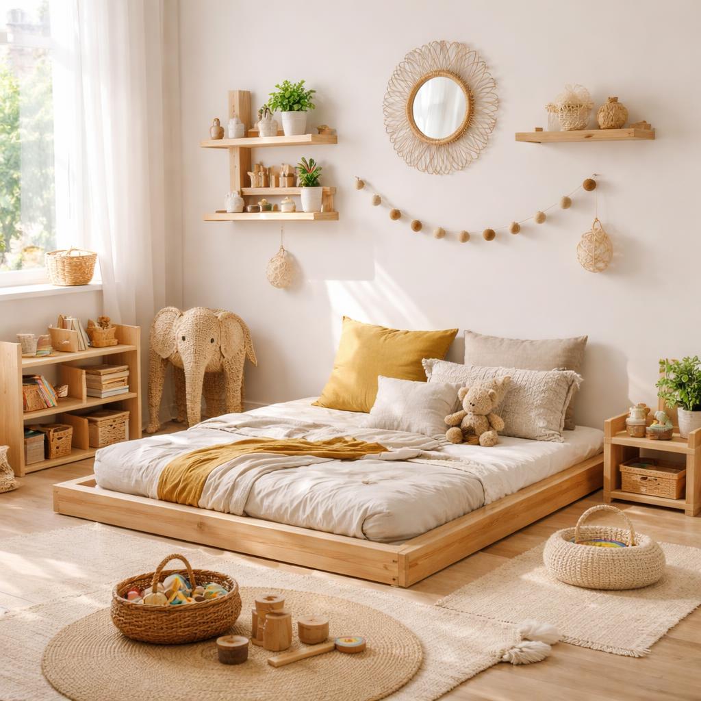 Chambre Montessori enfant avec lit au sol, étagères basses et déco douce en tons naturels