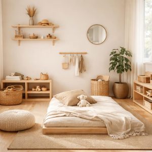 Chambre bébé Montessori minimaliste avec lit au sol, étagères basses en bois et tons naturels doux