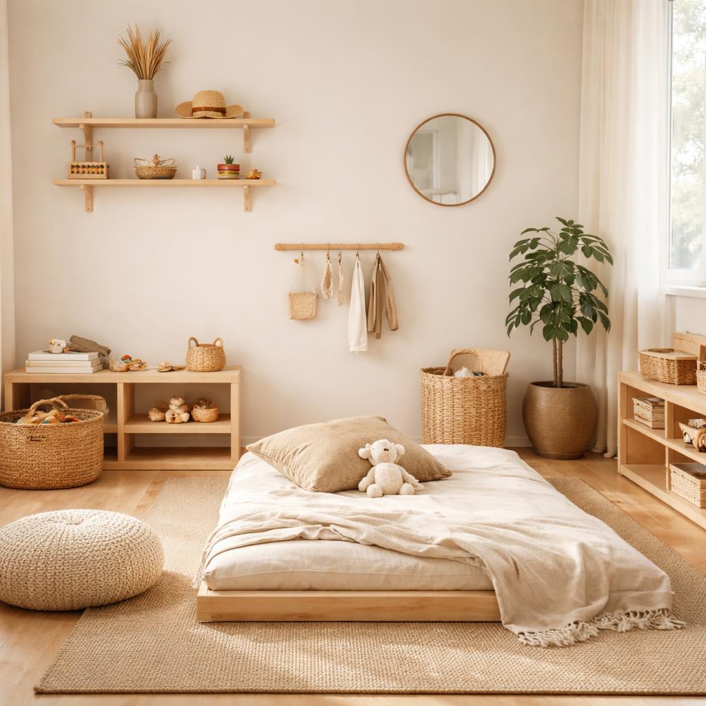 Chambre bébé Montessori minimaliste avec lit au sol, étagères basses en bois et tons naturels doux