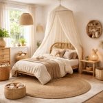 Chambre enfant cocon avec tapis en rotin, linge de lit écru et tipi en coton beige, déco nature apaisante