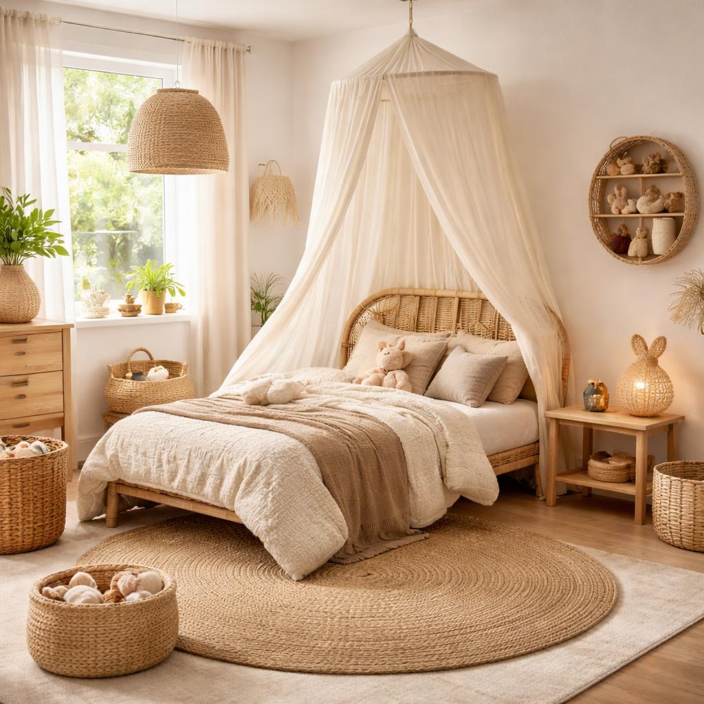 Chambre enfant cocon avec tapis en rotin, linge de lit écru et tipi en coton beige, déco nature apaisante