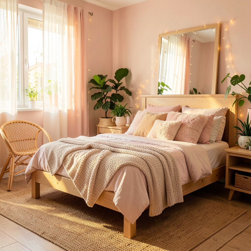 Chambre fille avec des couleurs pastel et des éléments en bois naturel