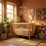 Chambre de bébé décorée en terracotta chic avec des éléments naturels et des textures douces