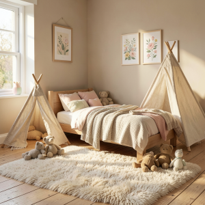 Chambre enfant cocooning avec mobilier en bois clair, tapis moelleux et lumières douces