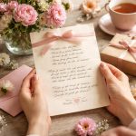 Carte poétique manuscrite posée sur une table en bois avec des fleurs séchées, pour la fête des mères