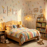 Chambre d'enfant colorée avec tapis à carreaux, murs peints en bleu pastel et mobilier en bois clair