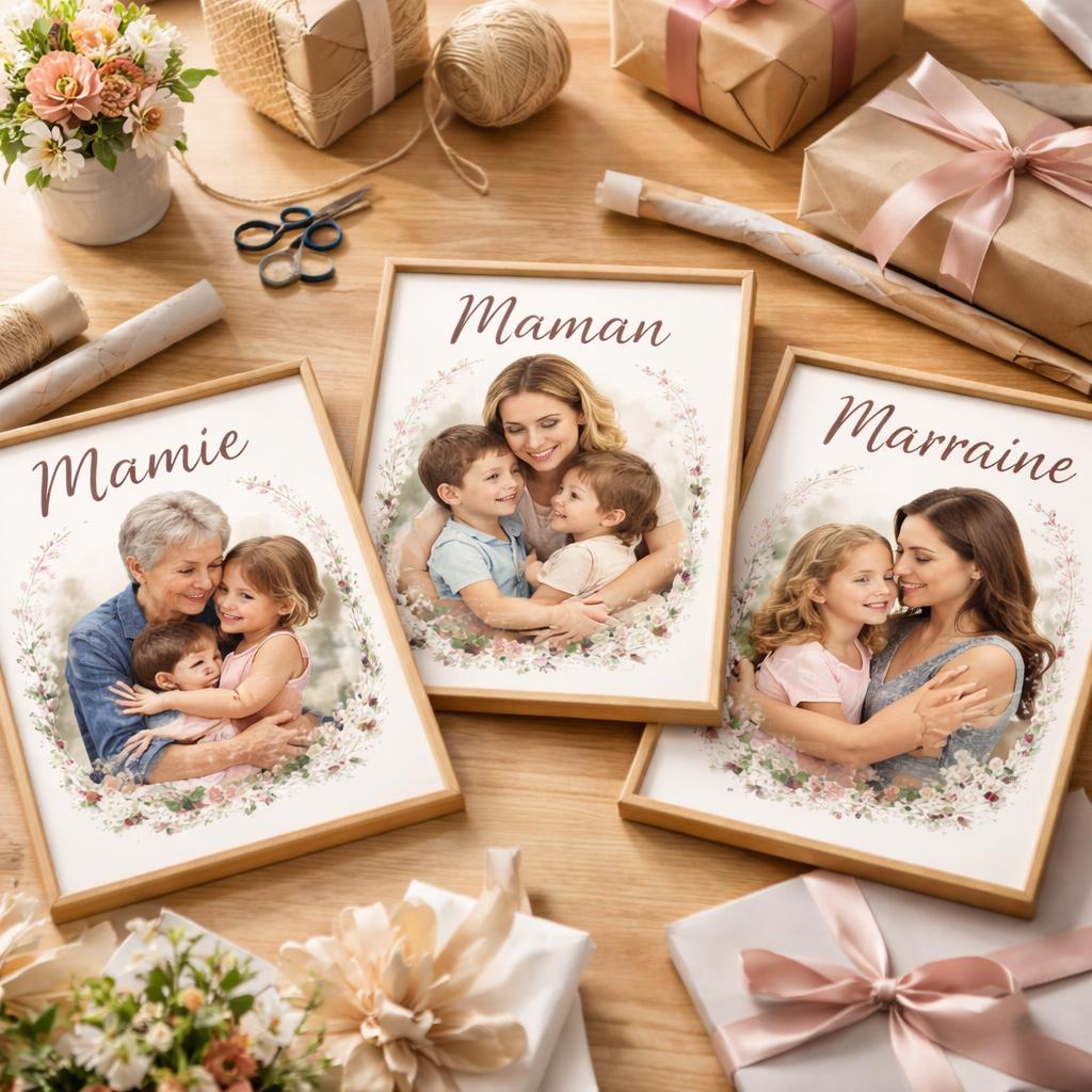 Gros plan sur une affiche personnalisée avec le prénom d'une marraine dans une belle typographie florale, posée sur un bureau décoré