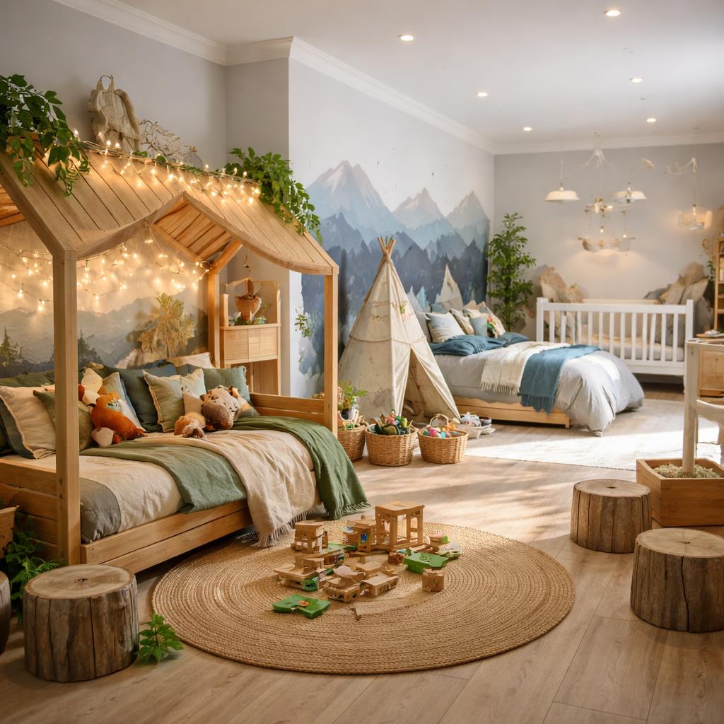 Chambre enfant montagne avec linge à carreaux et déco boisée cosy pour garçon