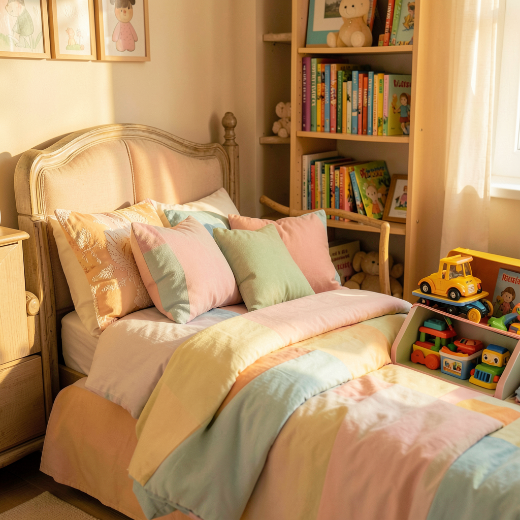 Inspiration chambre enfant vintage avec détails rétro, teintes douces et coin lecture aménagé sous la fenêtre.