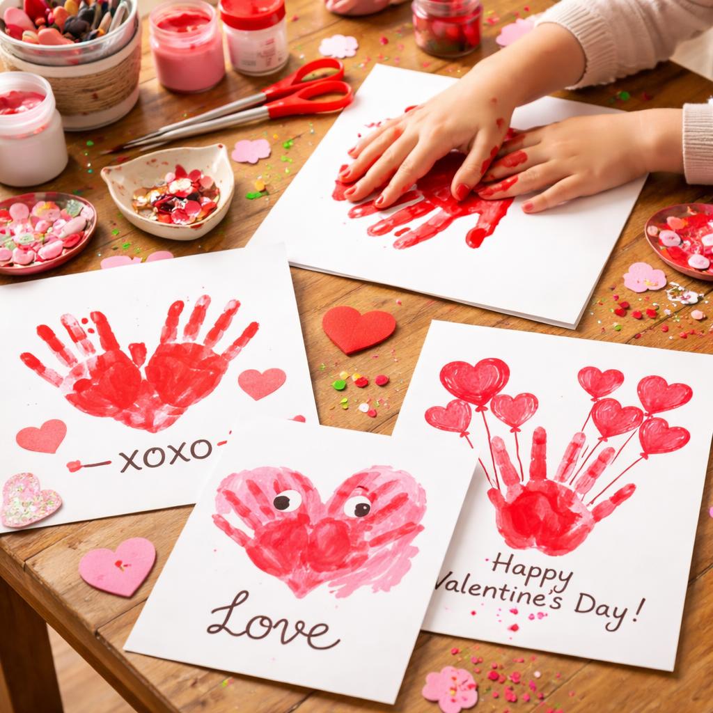 Matériel de bricolage Saint-Valentin étalé sur une table : peinture rouge, pinceaux et carton pour empreintes de mains enfants