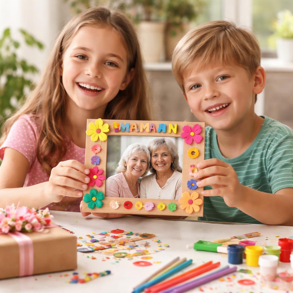 Matériaux pour cadre DIY posés sur une table : peinture acrylique, pinceaux, boutons colorés et cadre en bois brut prêts à décorer.