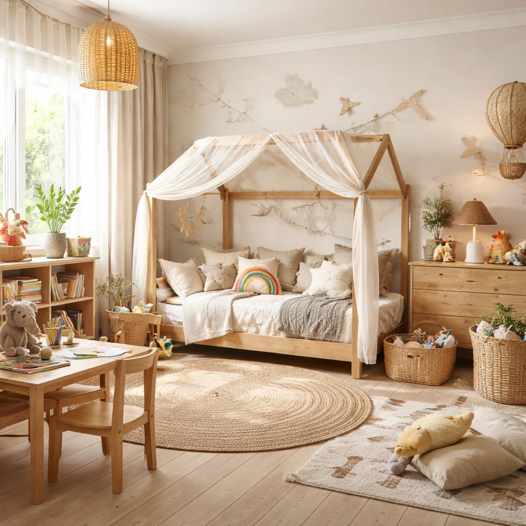 Coin lecture douillet dans une chambre d'enfant avec étagères basses et tapis moelleux, aménagement malin et chaleureux