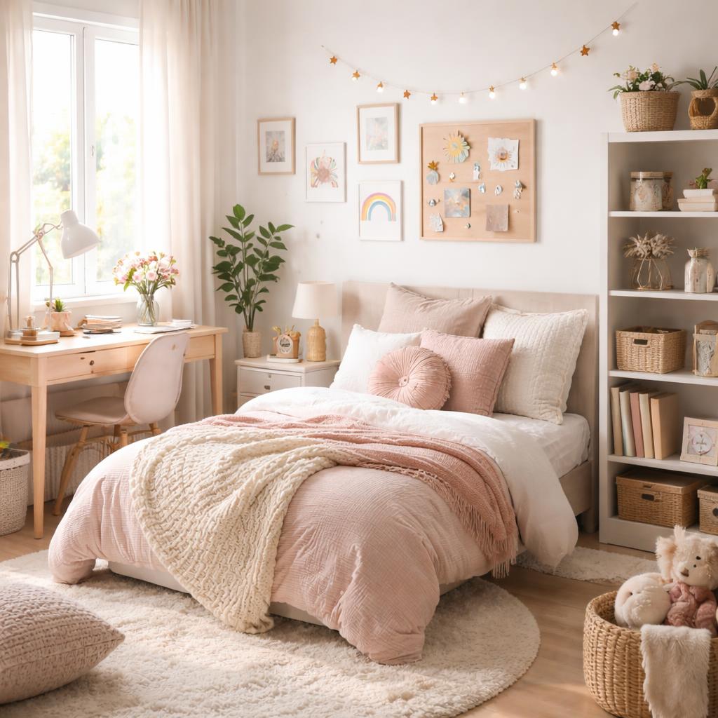 Coin bureau apaisant dans une chambre de fille moderne avec bois clair, plante verte et lampe design