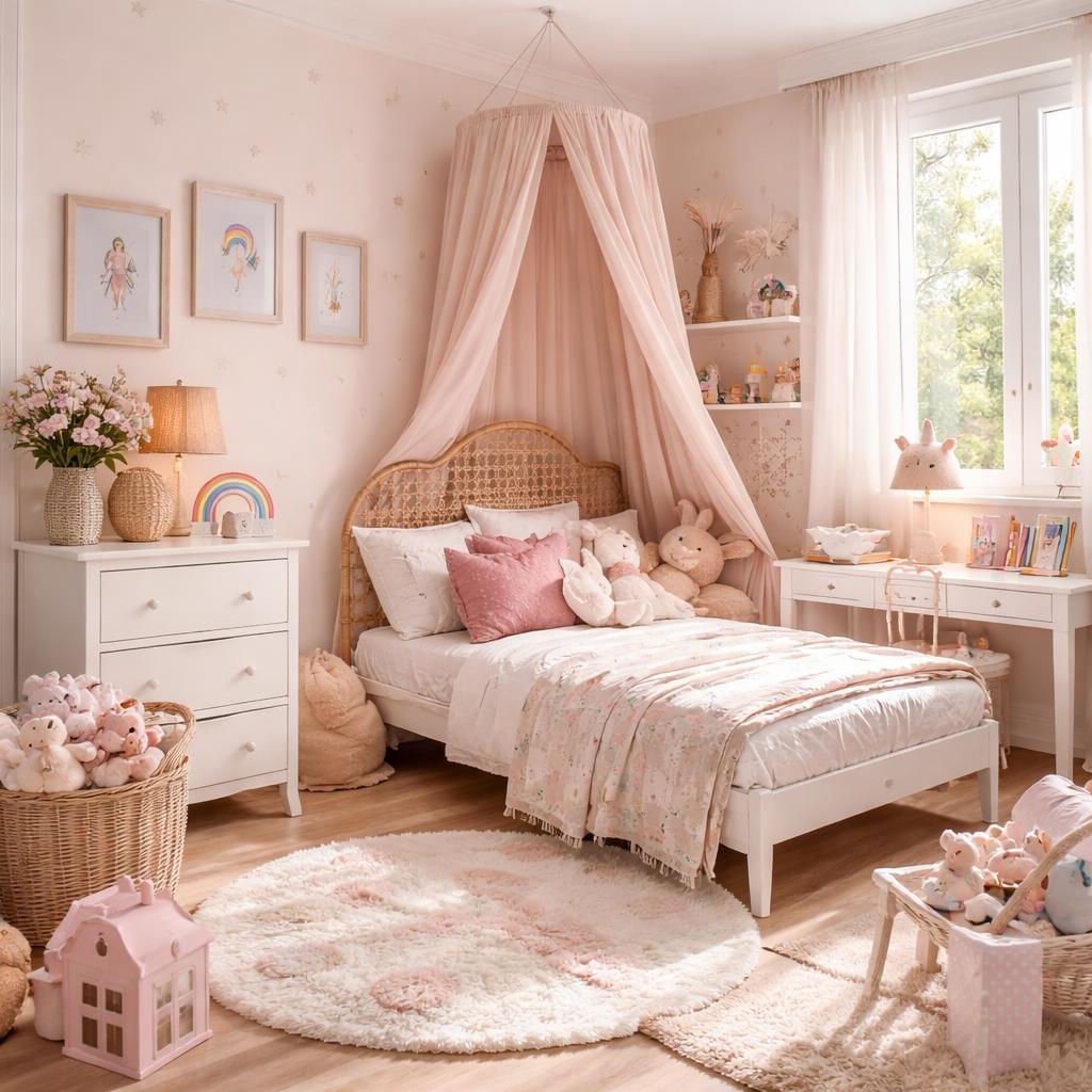 Coin lecture aménagé dans une chambre d'enfant avec coussins et guirlande lumineuse