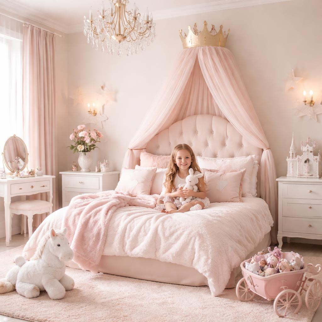 Étagères murales décoratives avec couronnes et livres dans une chambre princesse aux tons pastel doux