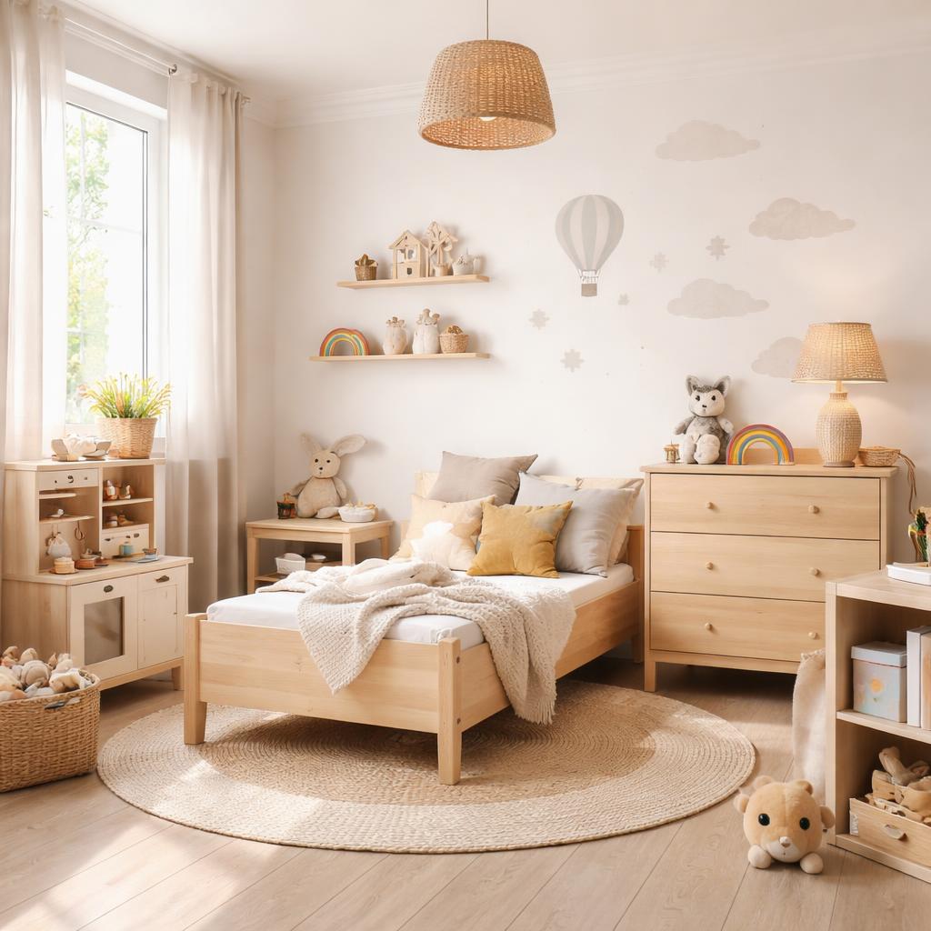 Coin lecture cosy dans une chambre enfant scandinave avec étagère basse, coussin en lin et petite plante verte