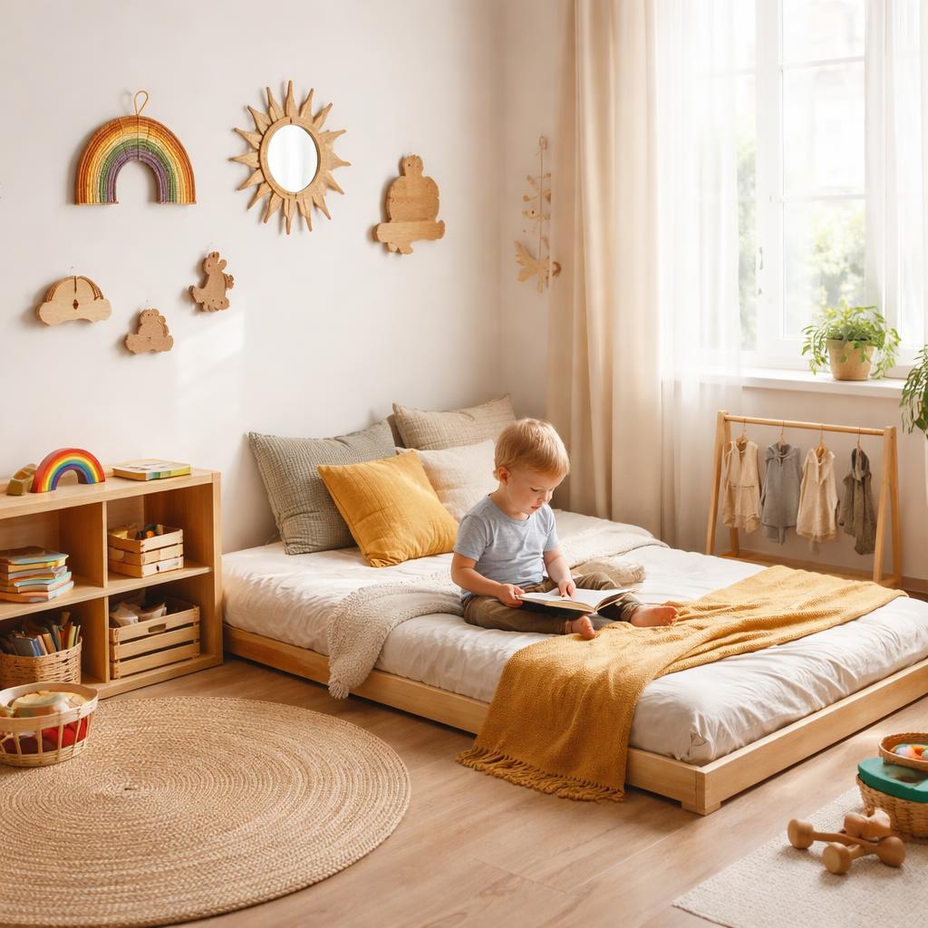 Petit espace chambre bébé Montessori avec miroir au sol, tapis moelleux et rangements accessibles