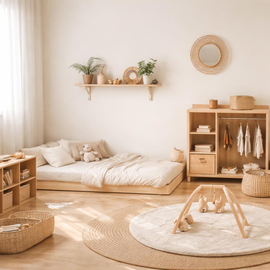 Coin lecture Montessori épuré avec livres accessibles à hauteur d'enfant et tapis en coton beige