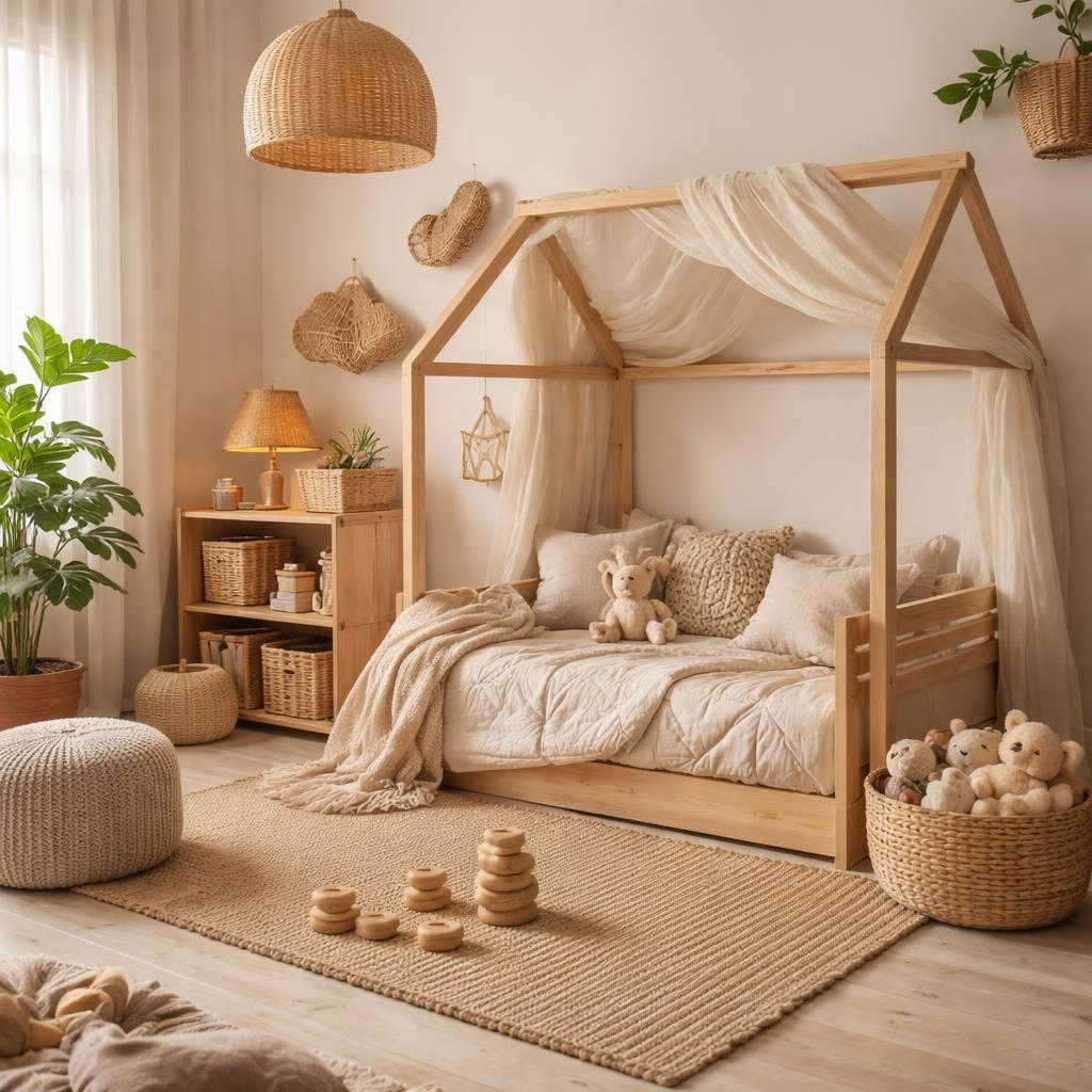 Détail déco chambre enfant naturelle avec coussin en lin, étagère en bois et guirlande lumineuse douce
