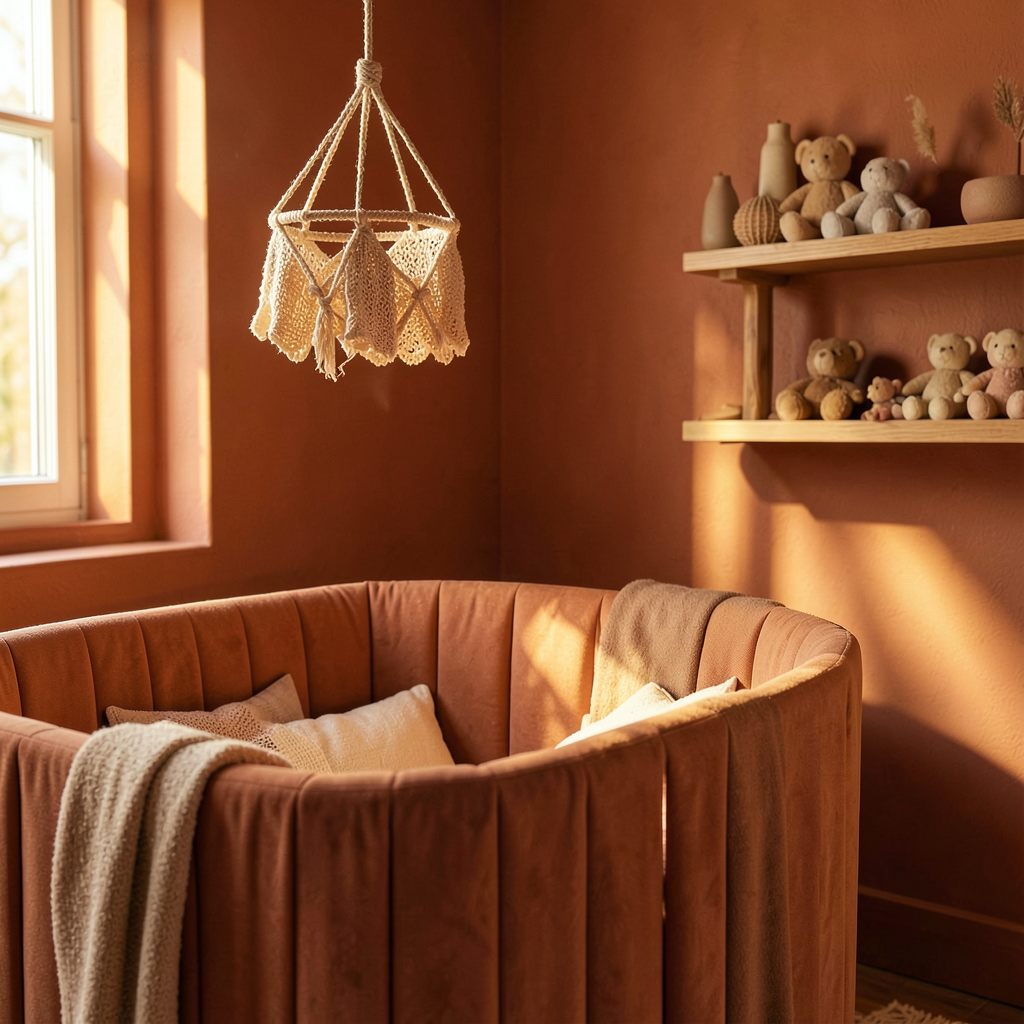Mobilier en bois et rideaux en tissu terracotta dans une chambre de bébé lumineuse
