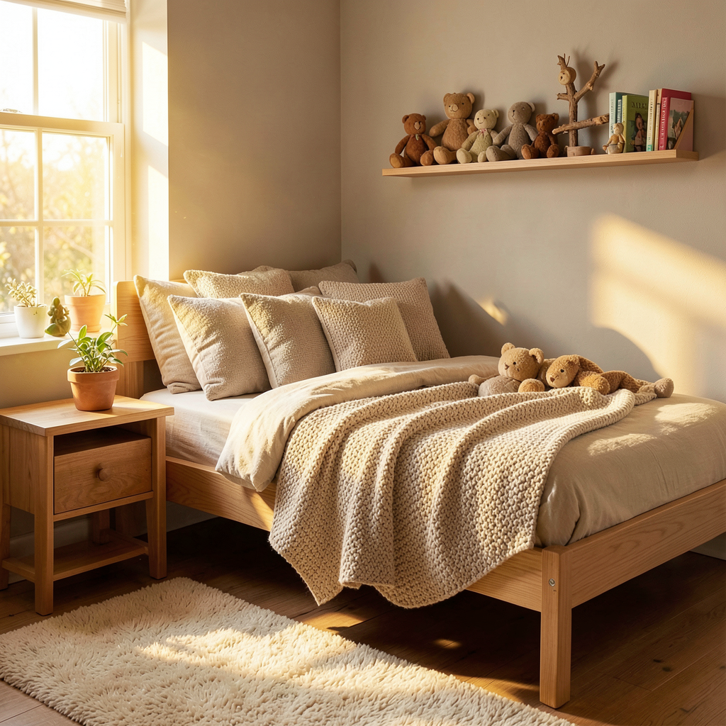 Décor scandinave pour enfant : étagère en bois, coussins multicolores et rideaux à laine