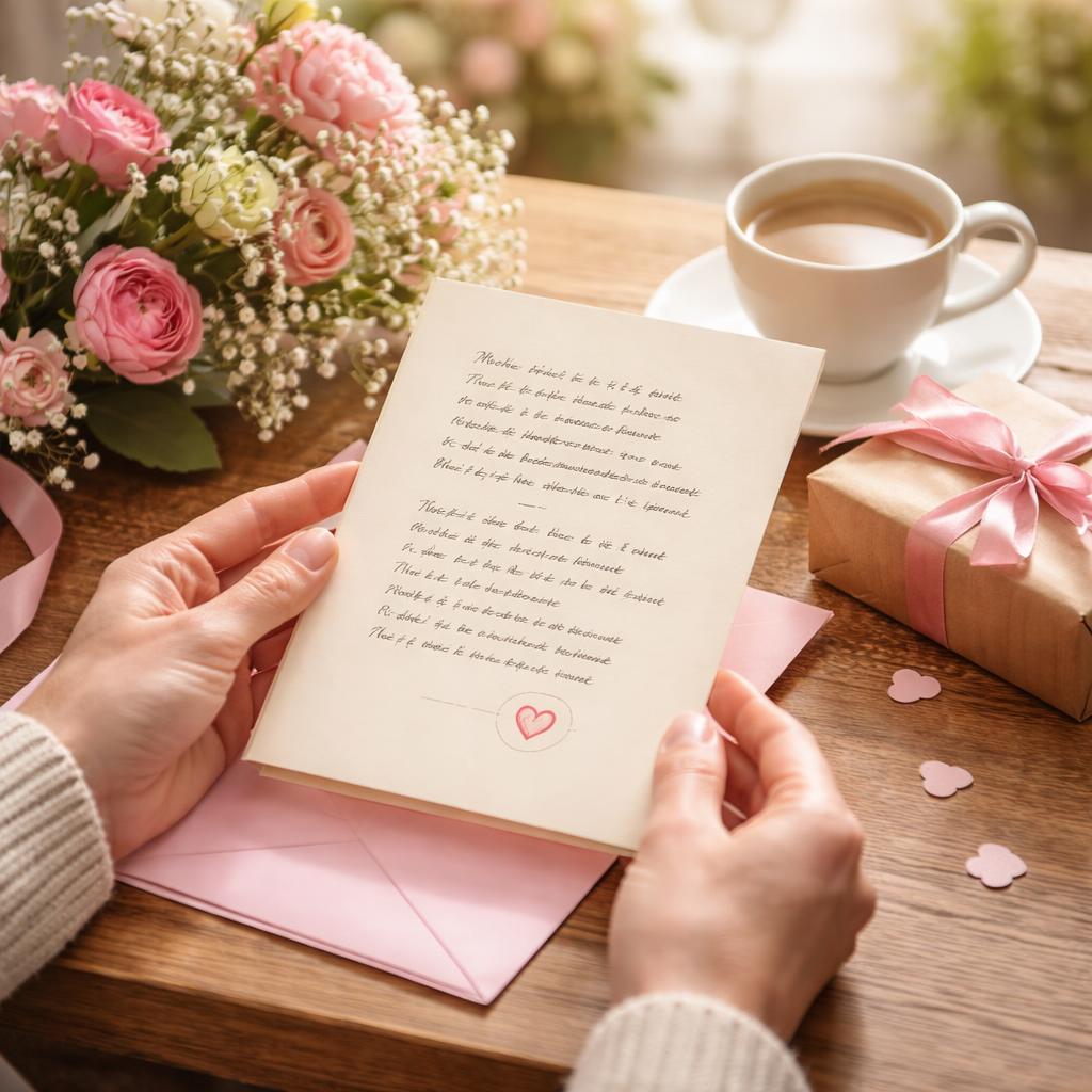 Femme élégante lisant un poème sur une jolie carte entourée de fleurs printanières pour la fête des mères