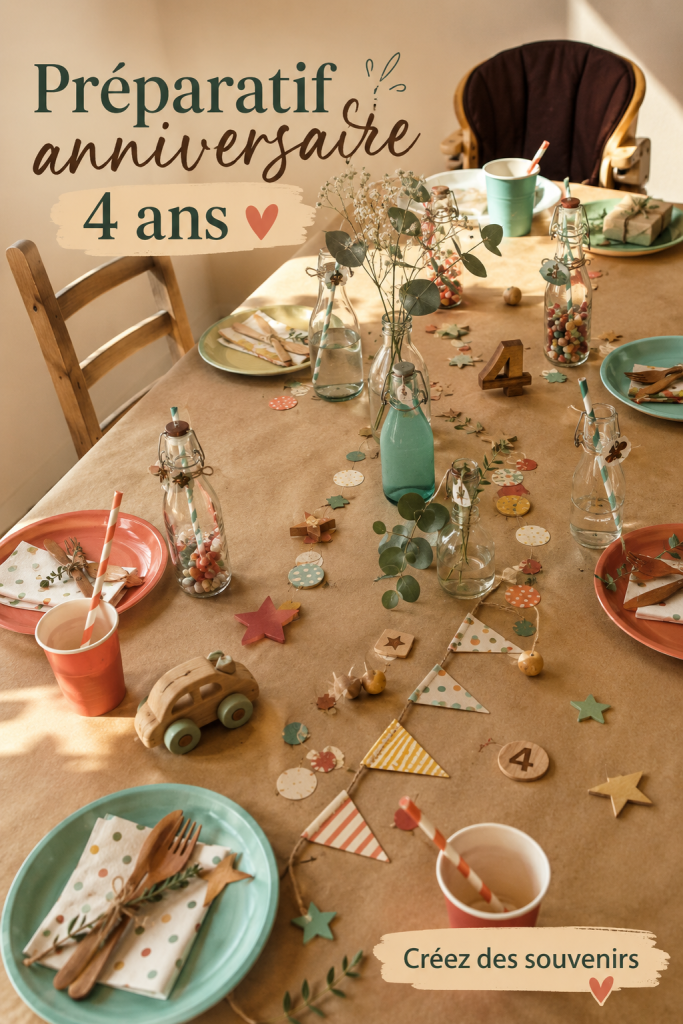 Fête d'anniversaire colorée avec des ballons et un gâteau pour un enfant de 4 ans.