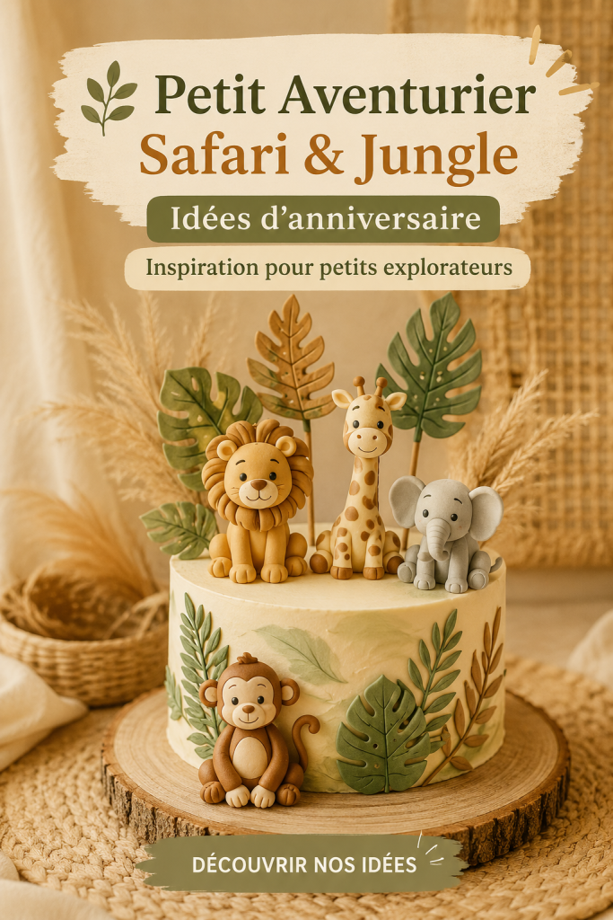 Un anniversaire sur le thème de la jungle avec des décorations colorées et des ballons.