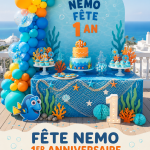 Décoration d'anniversaire sur le thème de l'océan avec des éléments inspirés de Nemo.