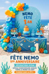Décoration d'anniversaire sur le thème de l'océan avec des éléments inspirés de Nemo.